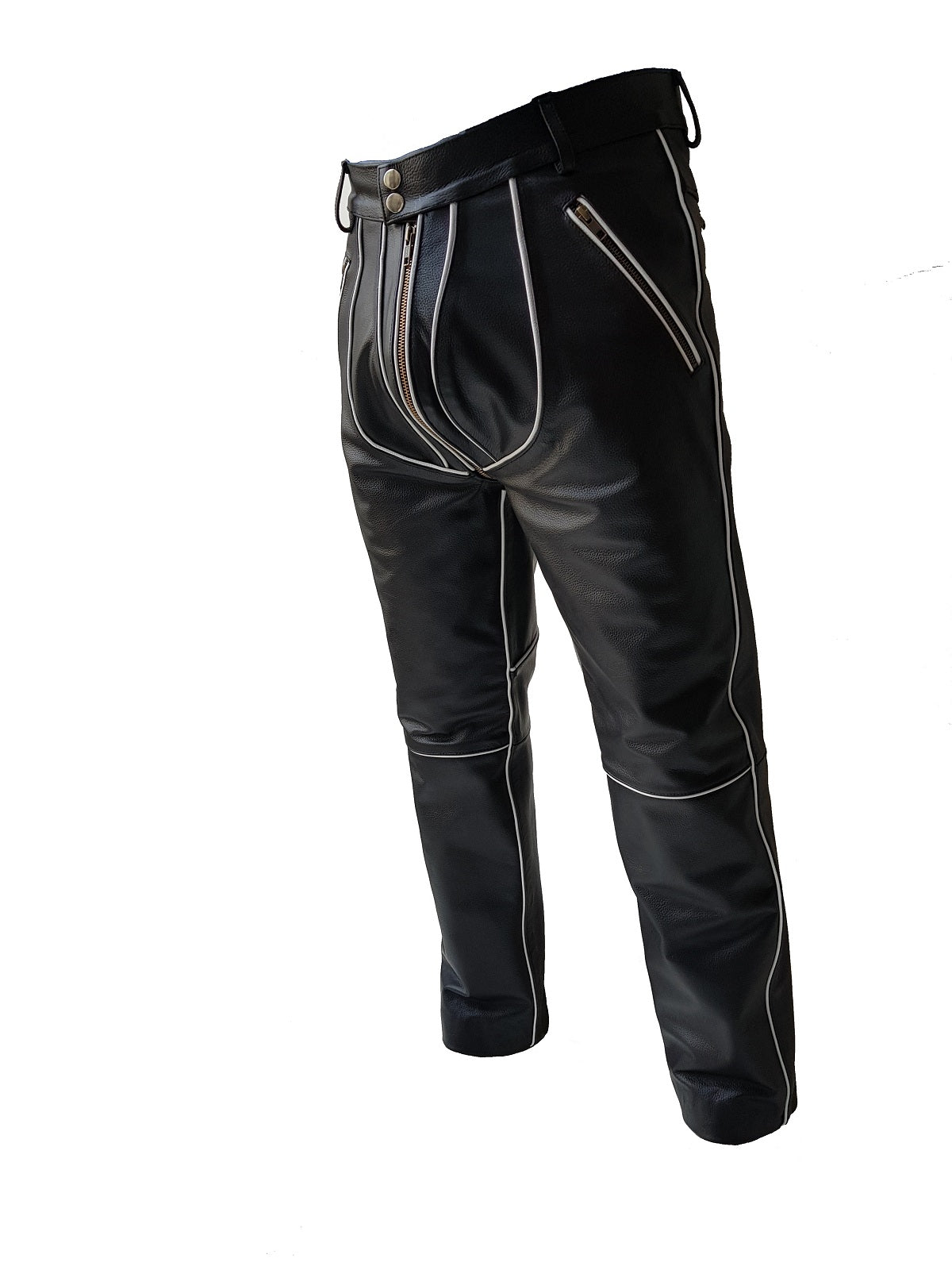 Mens Real Leather Biker Jeans Pant Trousers in Black With White Piping - J10