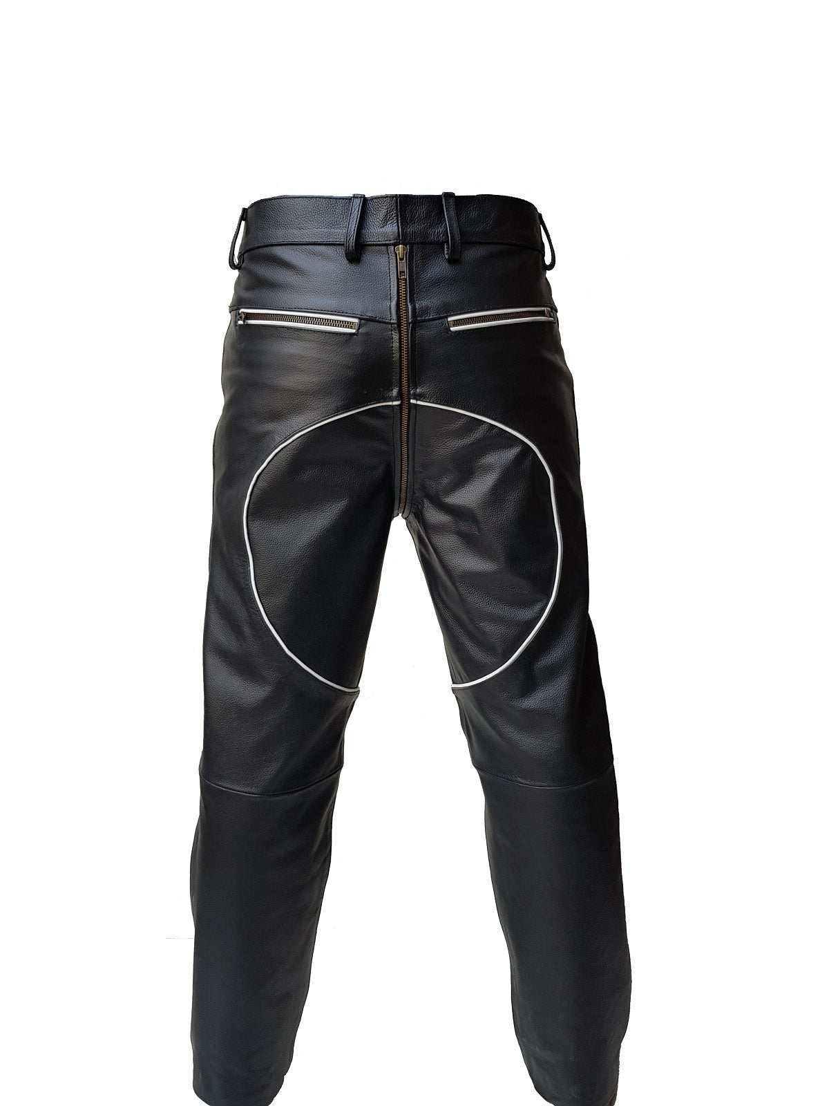Mens Real Leather Biker Jeans Pant Trousers in Black With White Piping - J10