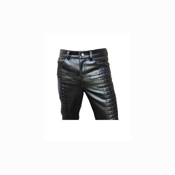Mens Black Leather 502 Style Quilted Pants Bikers Jeans - 502BLK