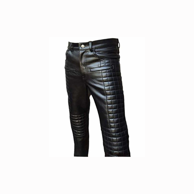 Mens Black Leather 502 Style Quilted Pants Bikers Jeans - 502BLK