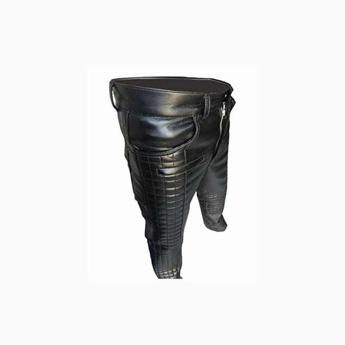 Mens Black Leather 502 Style Quilted Pants Bikers Jeans - 502BLK
