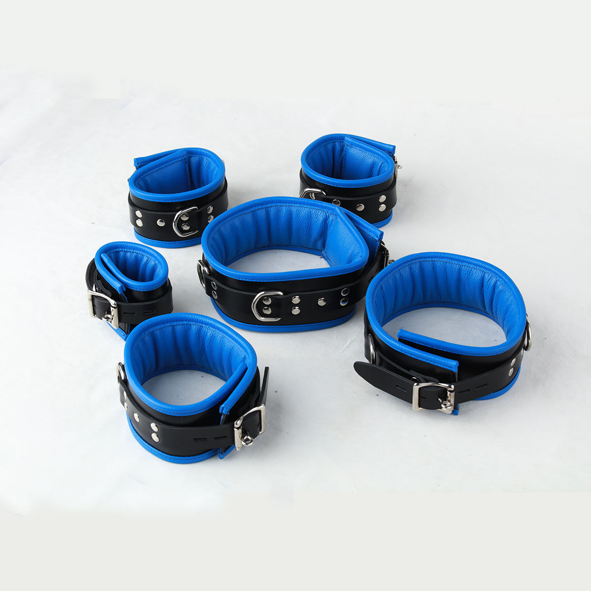 7 Pieces Set Of Black Leather Restraints - REST7-BLK