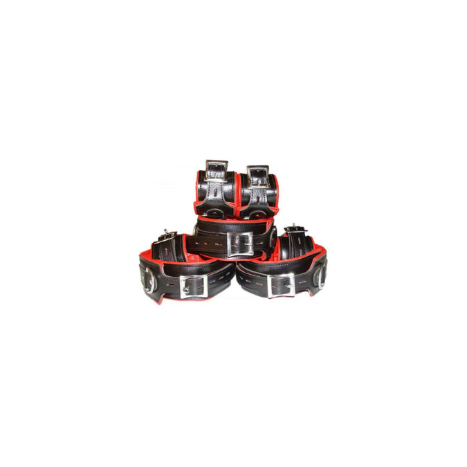 Conjunto de 7 y 5 ataduras de cuero auténtico en negro y rojo - REST-RED-BLK - Conjunto de 5 ataduras
