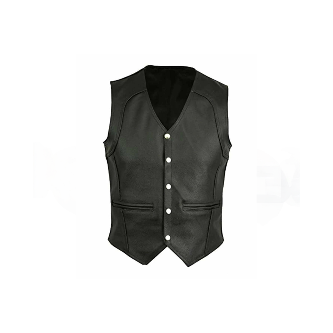 MENS BIKER STYLE VEST BLACK LEATHER MOTORCYCLE WAISTCOAT - B11