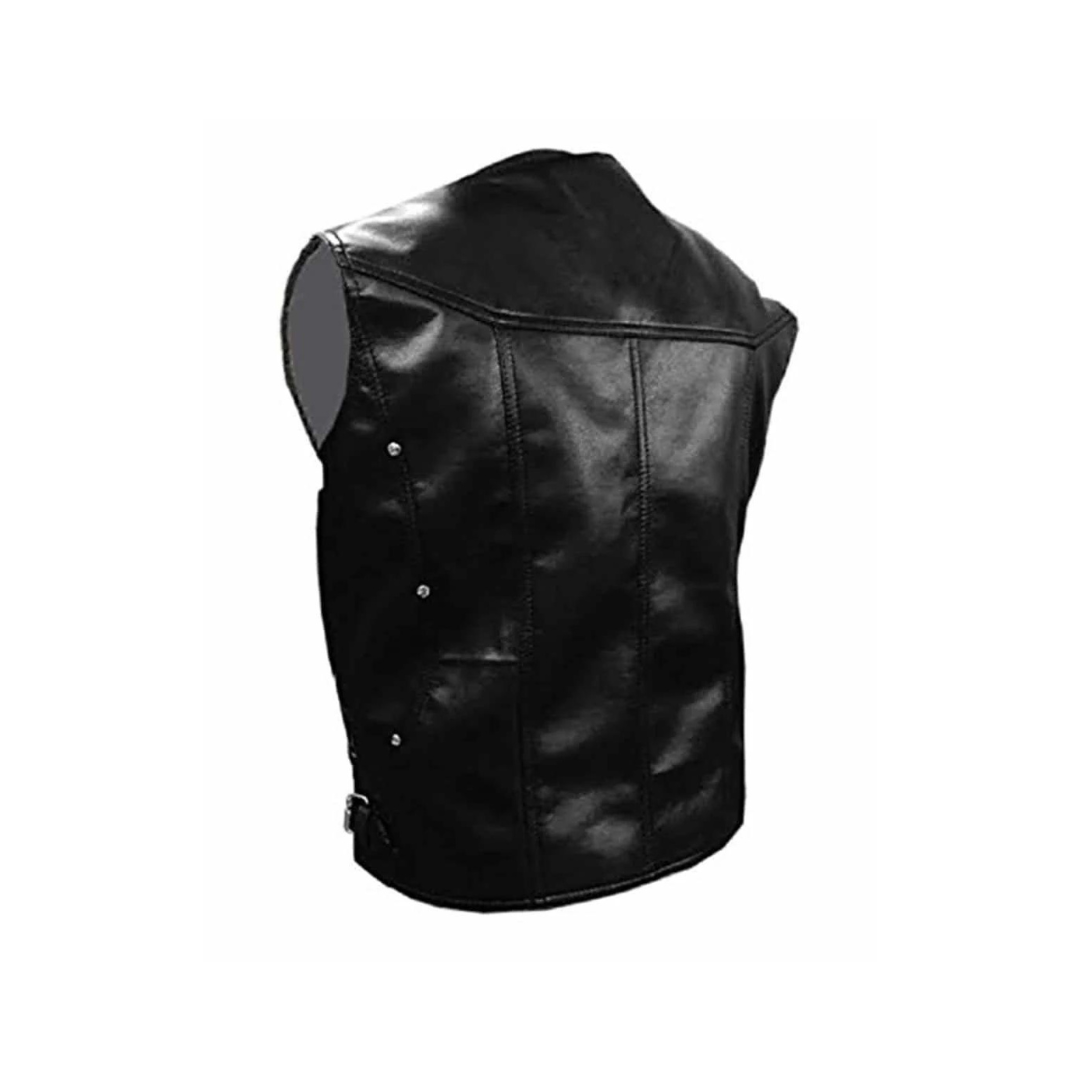 CHALECO DE PIEL NEGRO PARA HOMBRE ESTILO MOTERO - B16-BLK