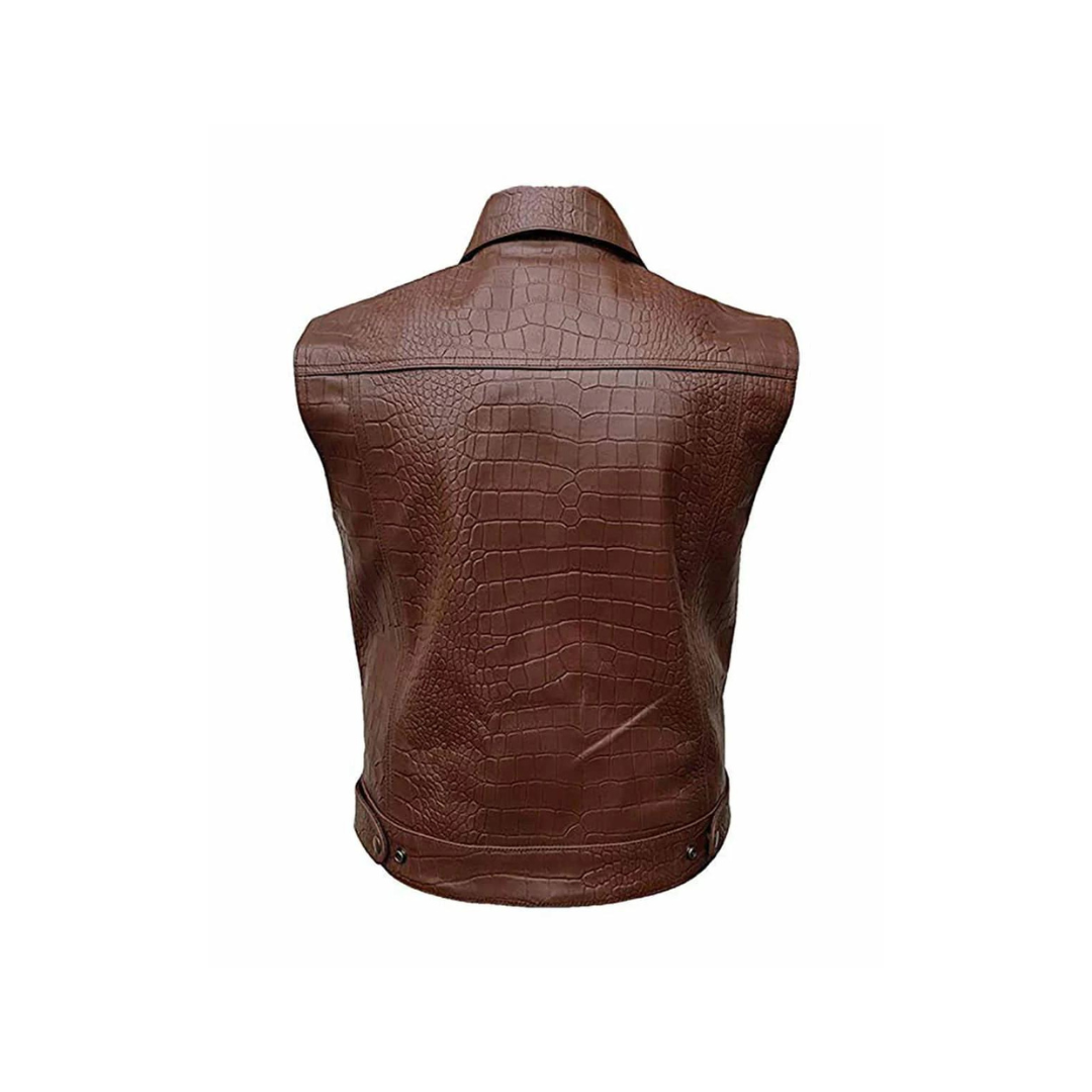 CHALECO DE PIEL MARRÓN CON ESTAMPADO DE COCODRILO PARA HOMBRE, ESTILO MOTOCICLETA (B13-BRW-CROC)
