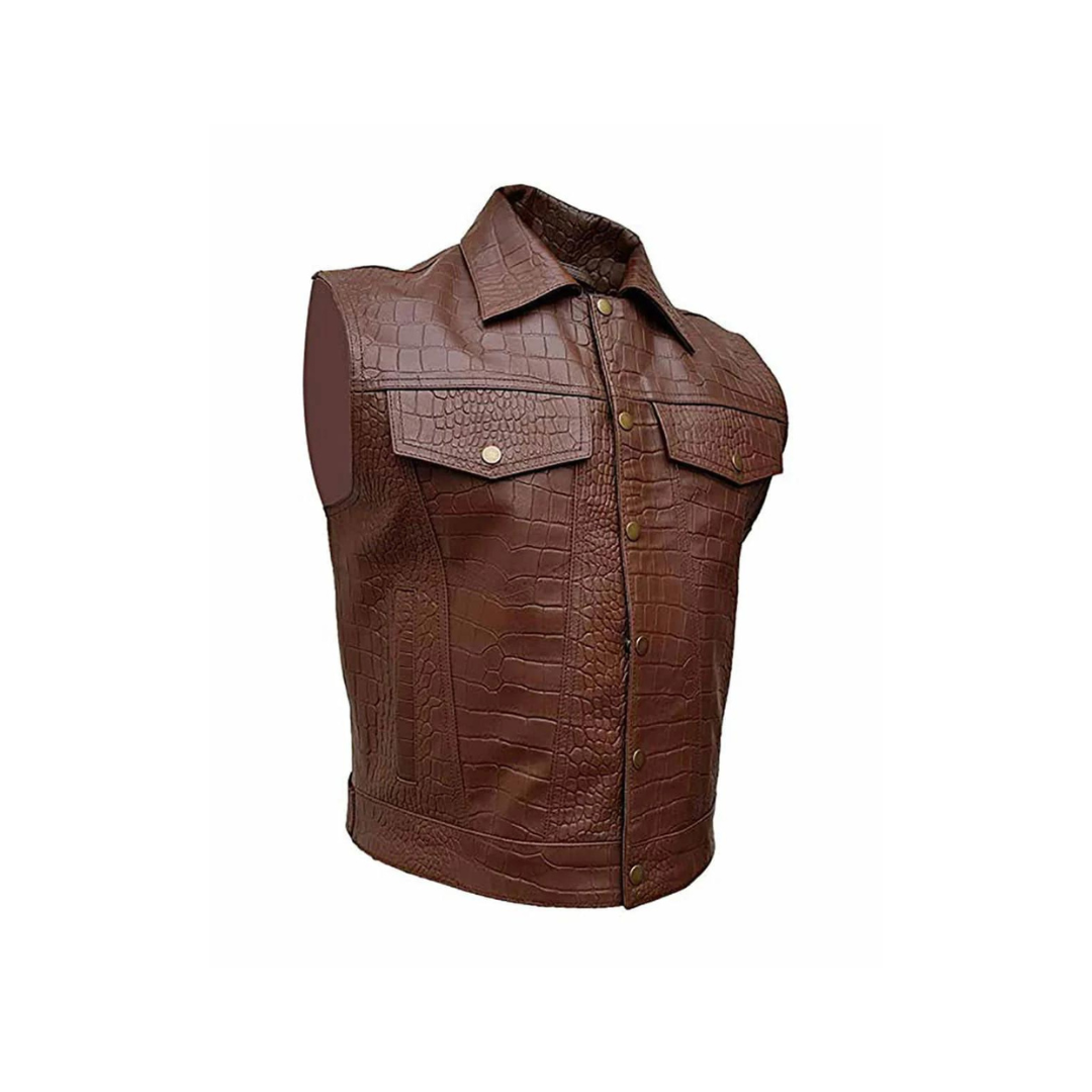 CHALECO DE PIEL MARRÓN CON ESTAMPADO DE COCODRILO PARA HOMBRE, ESTILO MOTOCICLETA (B13-BRW-CROC)