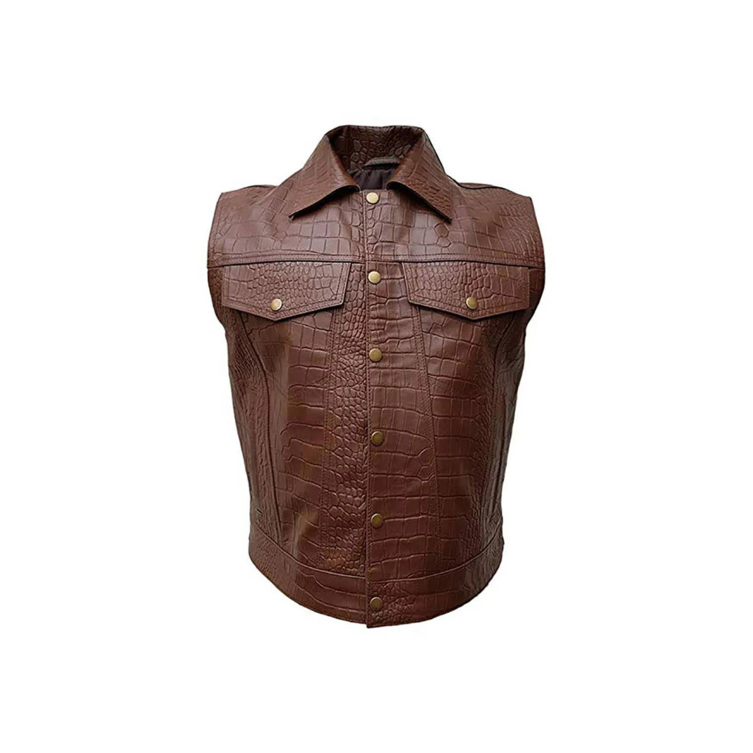 CHALECO DE PIEL MARRÓN CON ESTAMPADO DE COCODRILO PARA HOMBRE, ESTILO MOTOCICLETA (B13-BRW-CROC)