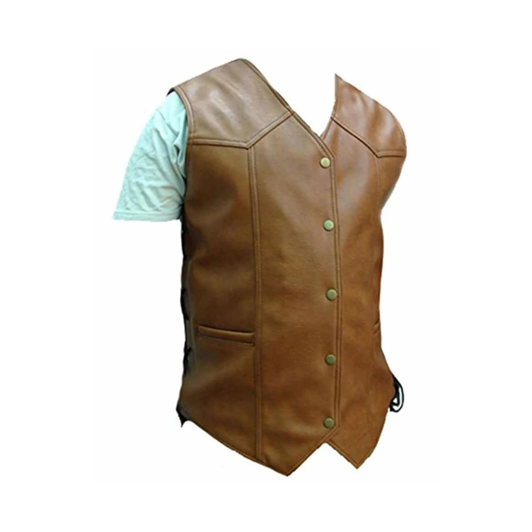 CHALECO DE CUERO MARRÓN PARA HOMBRE ESTILO MOTERO - B2-BRW