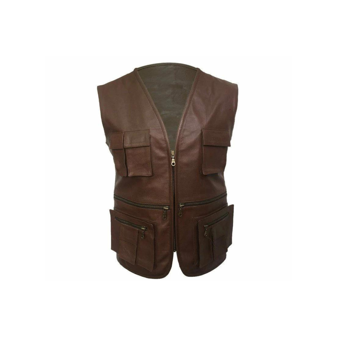 CHALECO DE CUERO MARRÓN PARA HOMBRE ESTILO MOTERO - B10-BRW