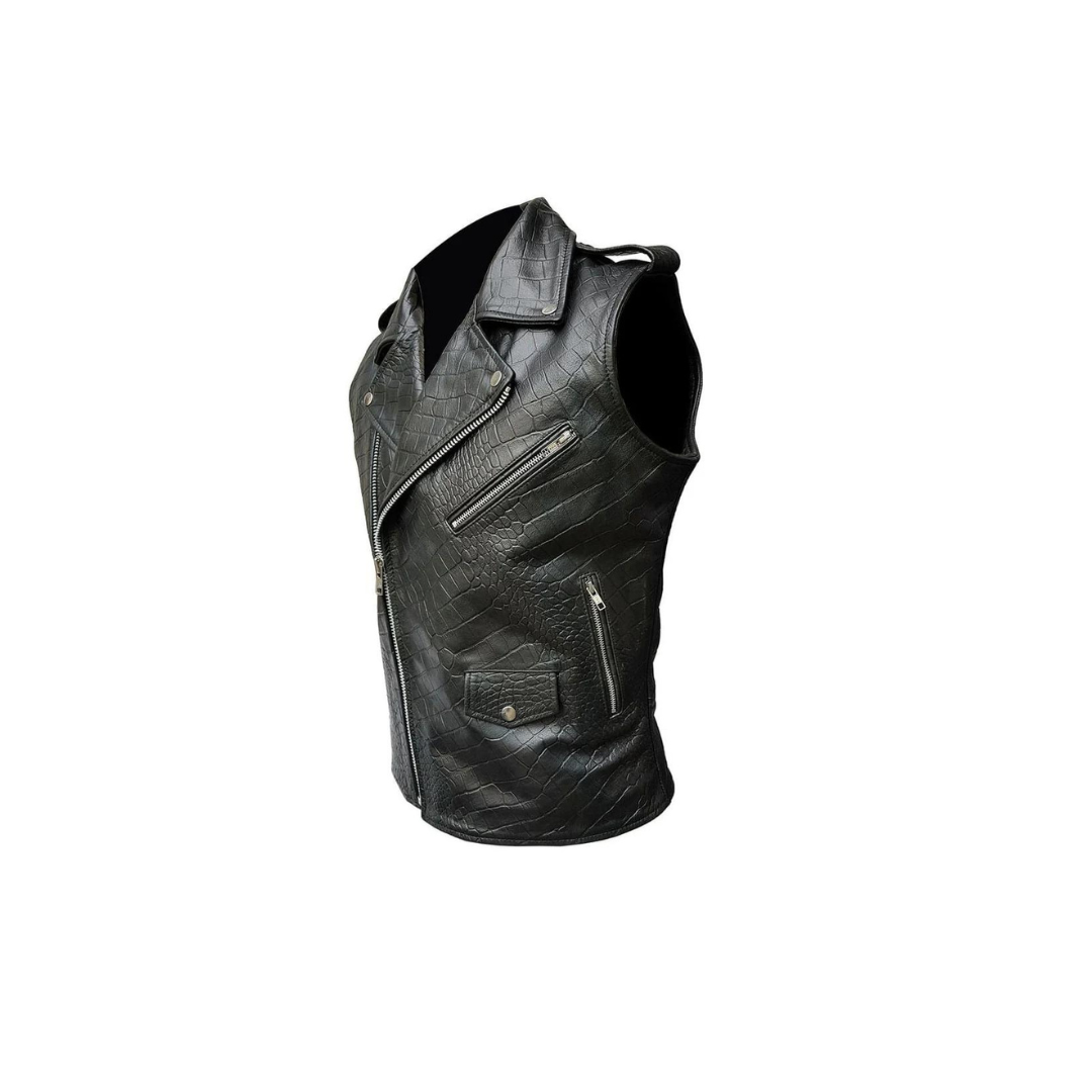 Mens Bikers Vest Black Crocodile Print Leather Black Sleeveless Waistcoat - BRANDO-HS-CROC