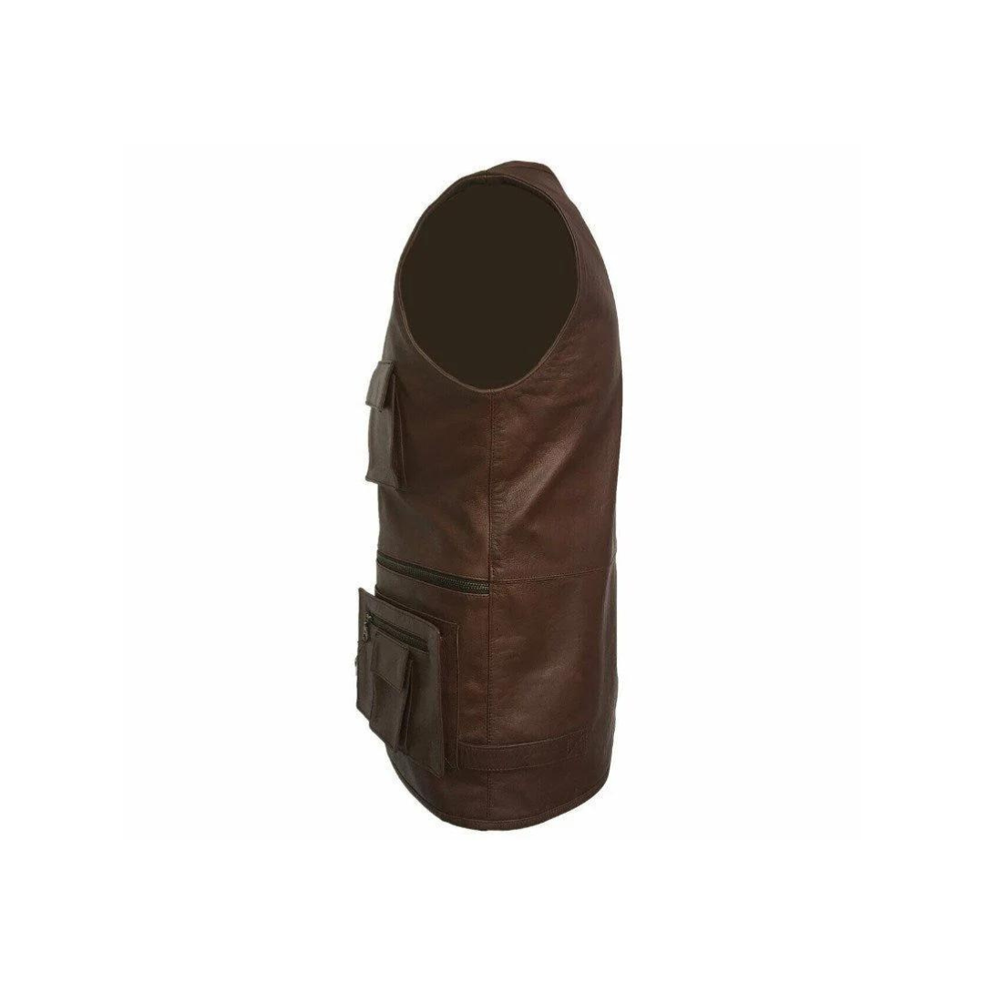 CHALECO DE CUERO MARRÓN PARA HOMBRE ESTILO MOTERO - B10-BRW