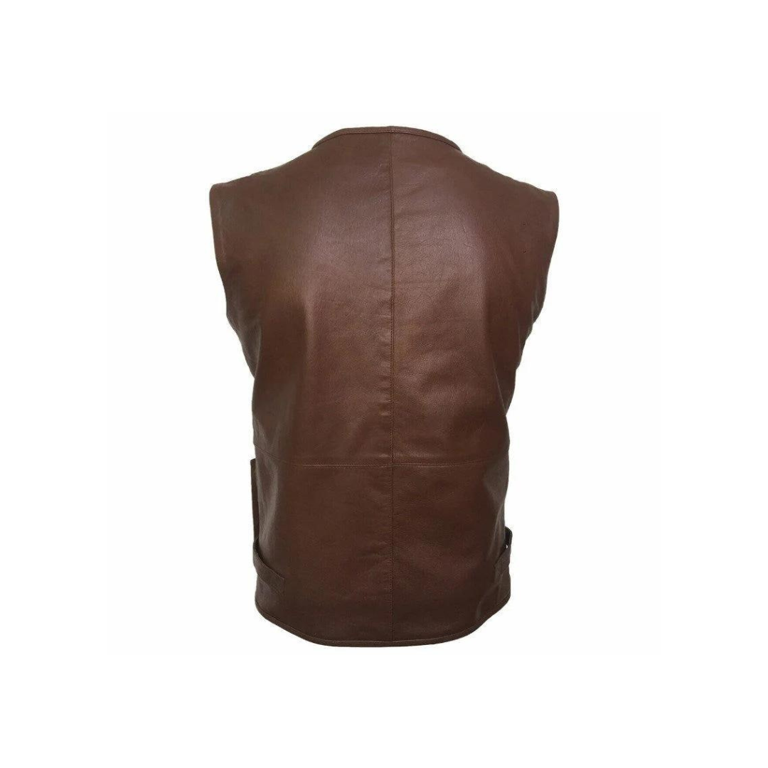 CHALECO DE CUERO MARRÓN PARA HOMBRE ESTILO MOTERO - B10-BRW