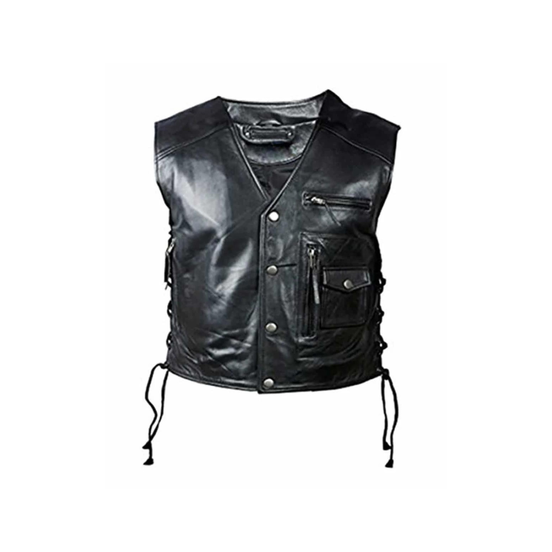 MENS BIKER STYLE VEST BLACK LEATHER MOTORCYCLE WAISTCOAT - B29