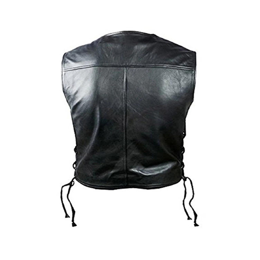 MENS BIKER STYLE VEST BLACK LEATHER MOTORCYCLE WAISTCOAT - B29