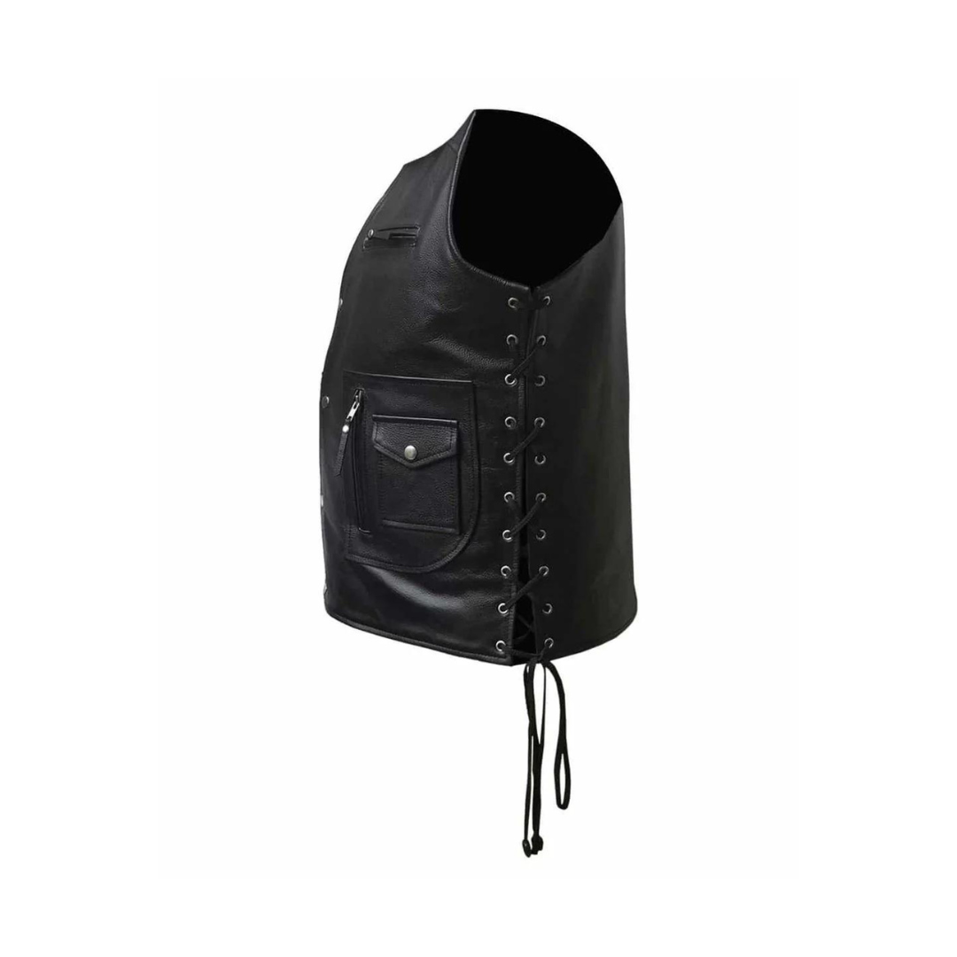 MENS BIKER STYLE VEST BLACK LEATHER MOTORCYCLE WAISTCOAT - B29