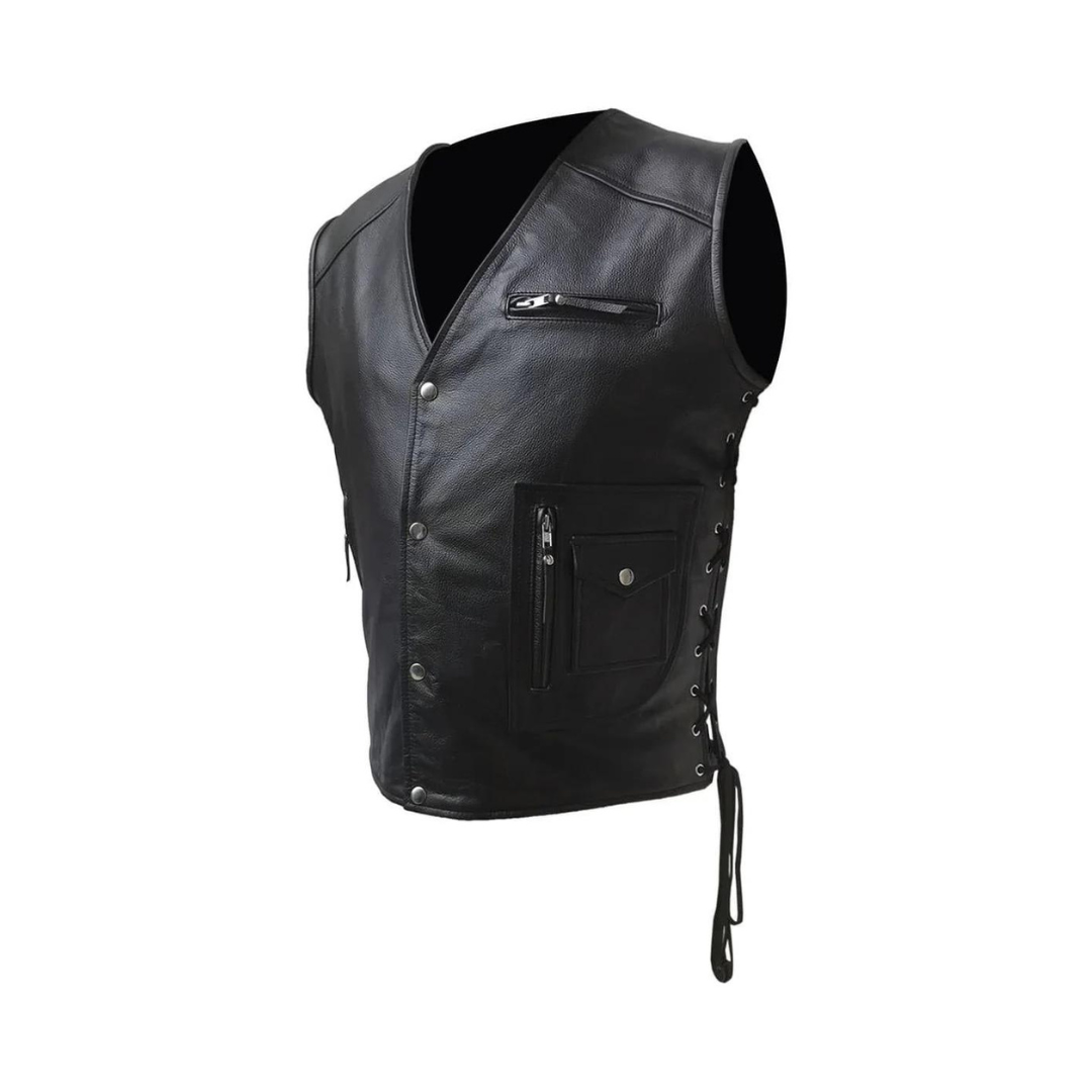 MENS BIKER STYLE VEST BLACK LEATHER MOTORCYCLE WAISTCOAT - B29