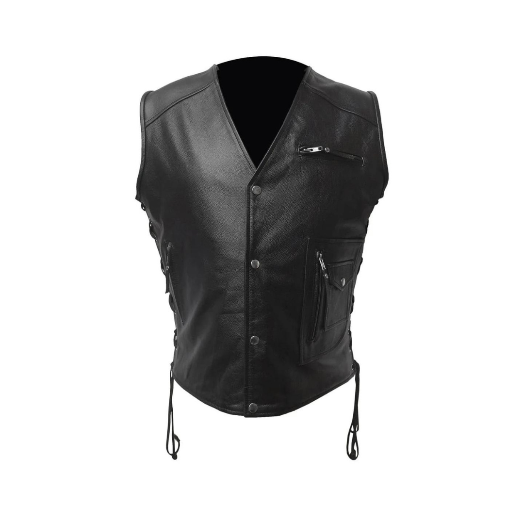 MENS BIKER STYLE VEST BLACK LEATHER MOTORCYCLE WAISTCOAT - B29