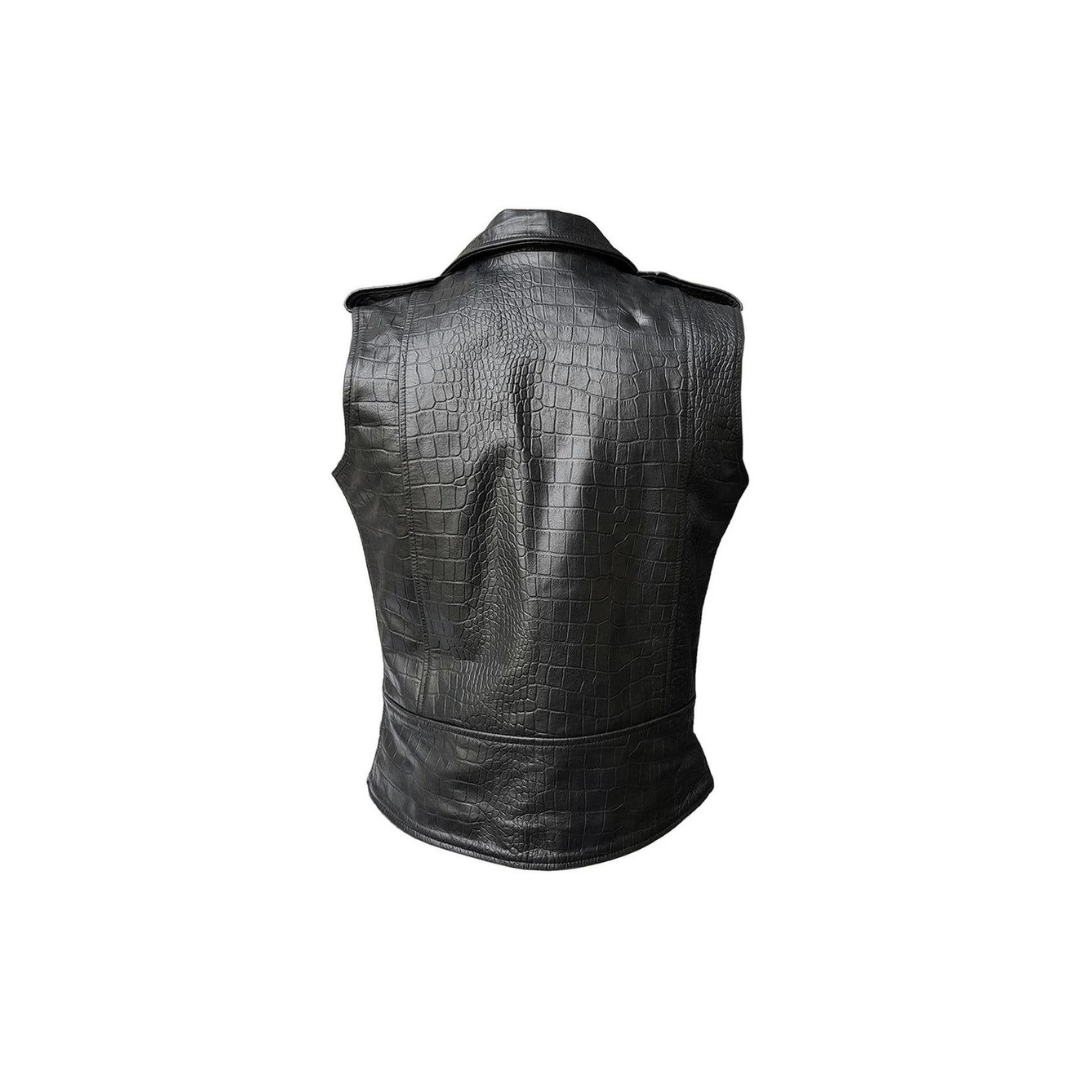 Mens Bikers Vest Black Crocodile Print Leather Black Sleeveless Waistcoat - BRANDO-HS-CROC