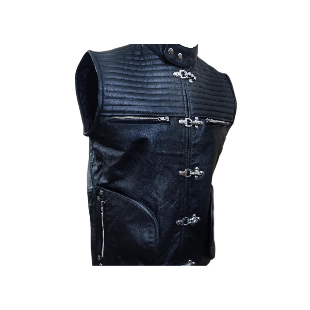 Chaleco acolchado estilo motociclista para hombre, de cuero de vaca genuino (B32)