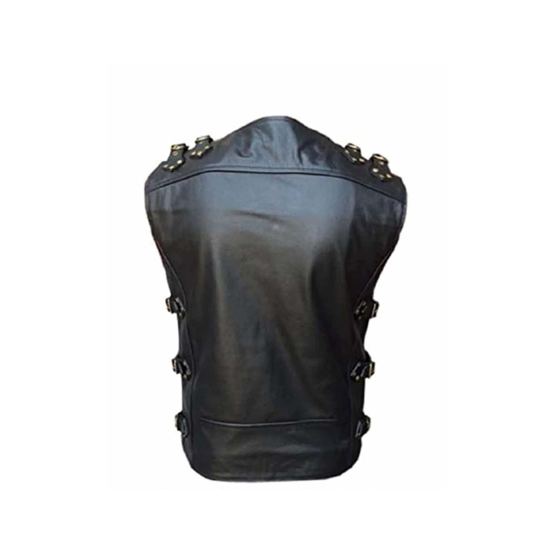 MENS BIKER STYLE VEST BLACK LEATHER HEAVY DUTY MOTORCYCLE WAISTCOAT - B24
