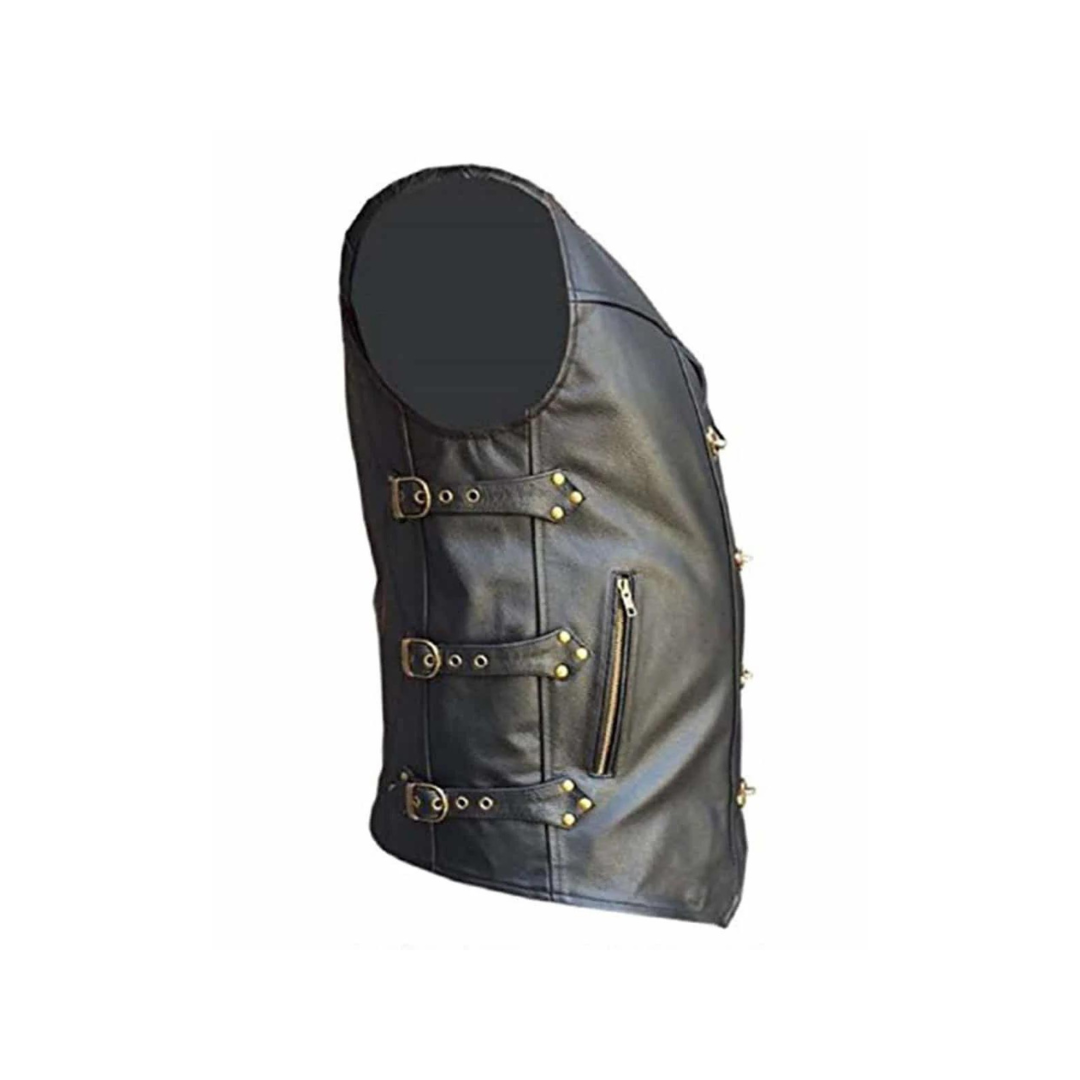 MENS BIKER STYLE VEST BLACK LEATHER HEAVY DUTY MOTORCYCLE WAISTCOAT - B24
