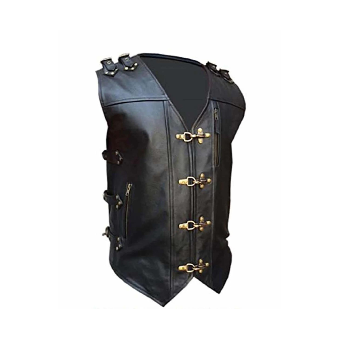 MENS BIKER STYLE VEST BLACK LEATHER HEAVY DUTY MOTORCYCLE WAISTCOAT - B24