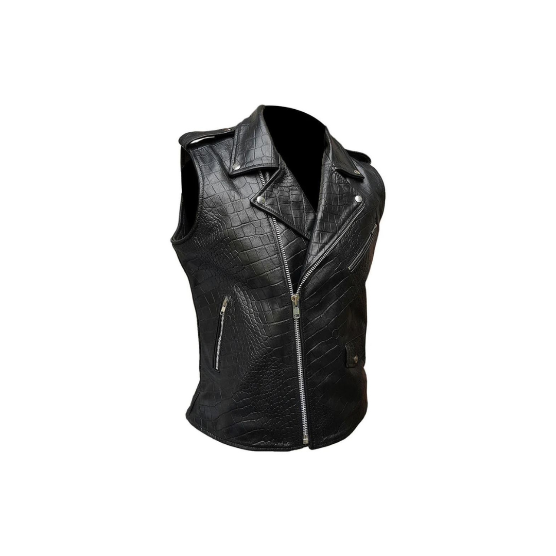 Mens Bikers Vest Black Crocodile Print Leather Black Sleeveless Waistcoat - BRANDO-HS-CROC