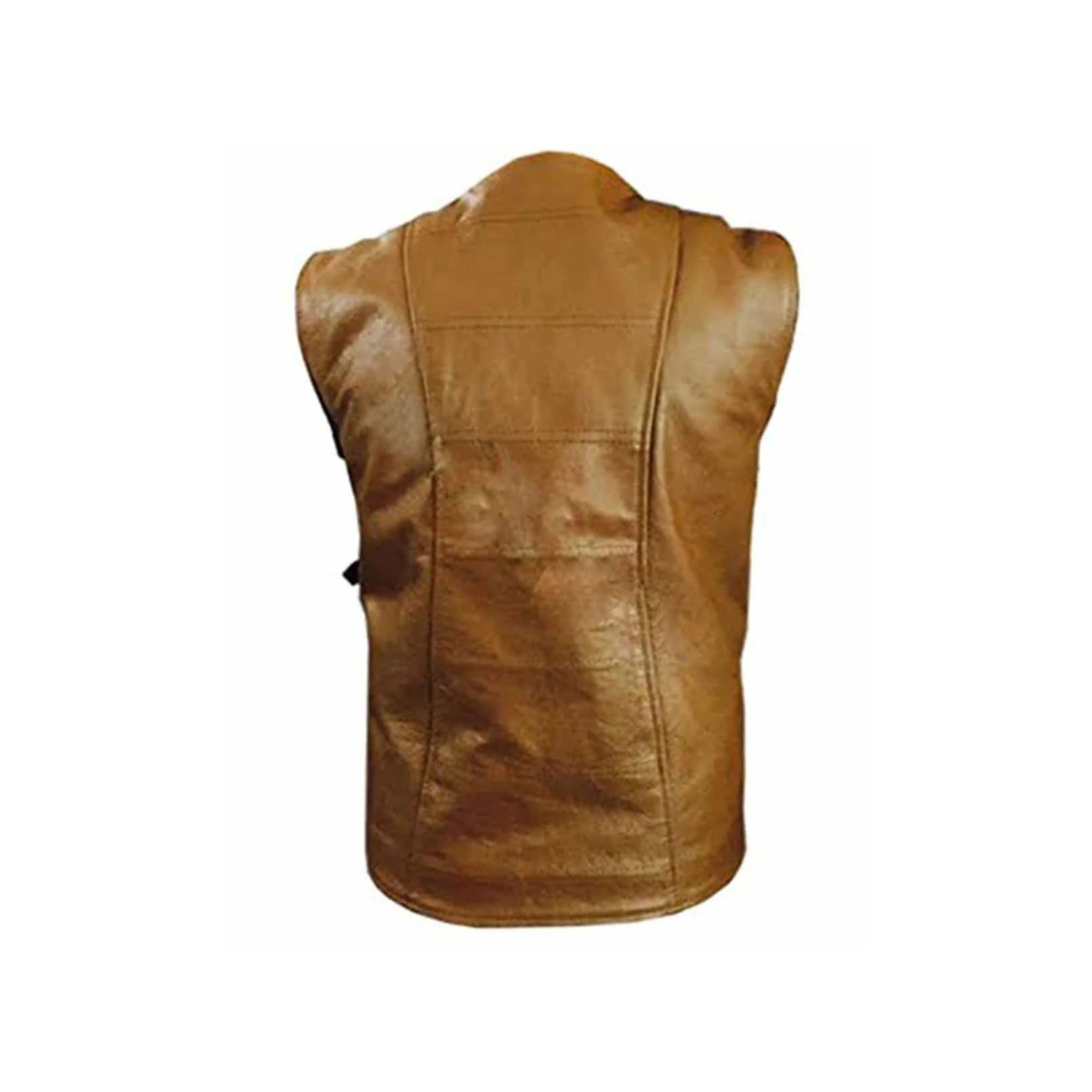 MENS BIKER STYLE GENUINE COW LEATHER BROWN MOTORCYCLE VEST WAISTCOAT - B7-BRW