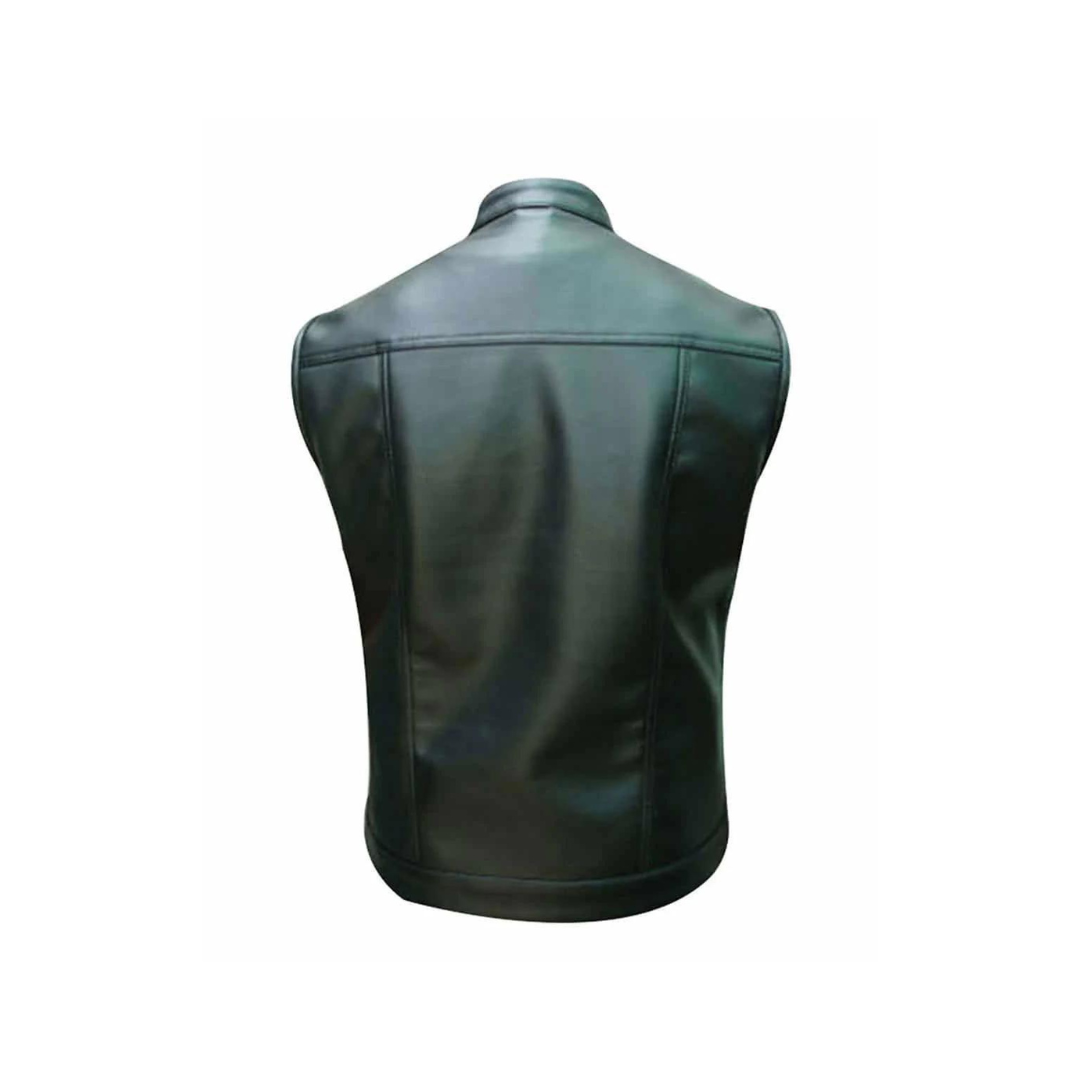 MENS BIKER STYLE BLACK LEATHER MOTORCYCLE VEST WAISTCOAT - B9-BLK