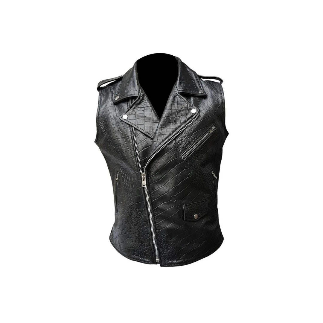 Mens Bikers Vest Black Crocodile Print Leather Black Sleeveless Waistcoat - BRANDO-HS-CROC