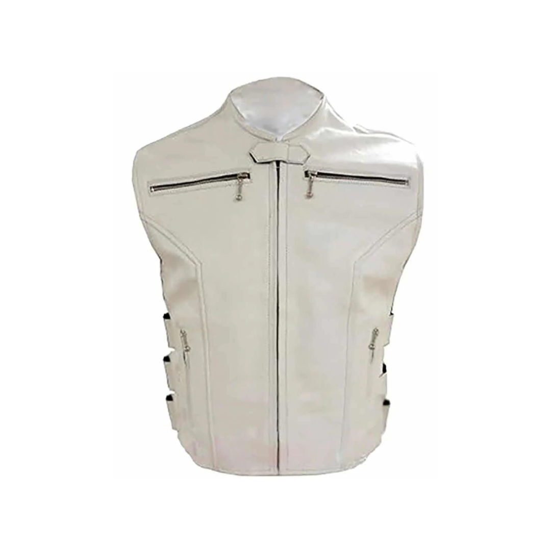 CHALECO DE PIEL BLANCA ESTILO MOTERO PARA HOMBRE - B12-WHT