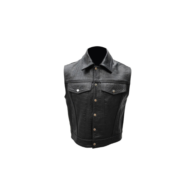 Chaleco estilo motociclista de piel de cocodrilo/caimán negro para hombre (B13)