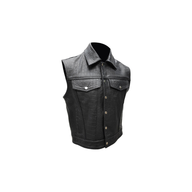 Chaleco estilo motociclista de piel de cocodrilo/caimán negro para hombre (B13)
