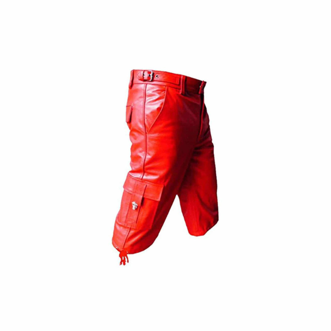 Mens Real Red Leather Combat Cargo Shorts - CARGO1 - RED