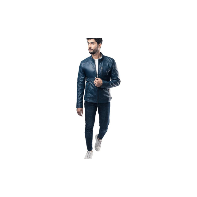 Mens Racer Style Jacket Real Sheep Leather Motorcycle Biker Blue Jacket – ELM30