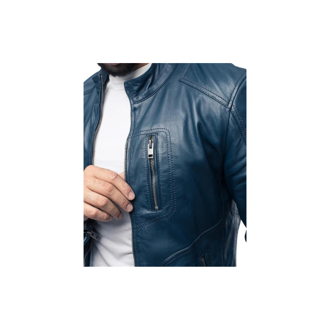 Mens Racer Style Jacket Real Sheep Leather Motorcycle Biker Blue Jacket – ELM30