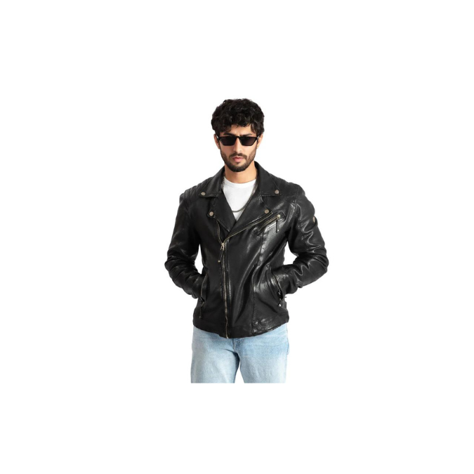 Chaqueta estilo motero Brando para hombre, de piel de cordero auténtica, color negro, clásica, de moda – ELM4