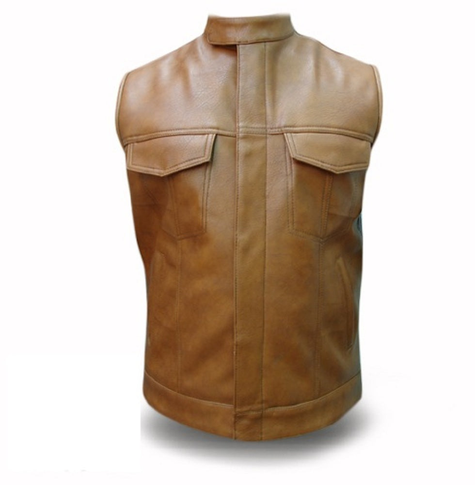 MENS BIKER STYLE VEST GENUINE COW LEATHER BROWN MOTORCYCLE WAISTCOAT - B9-BRW