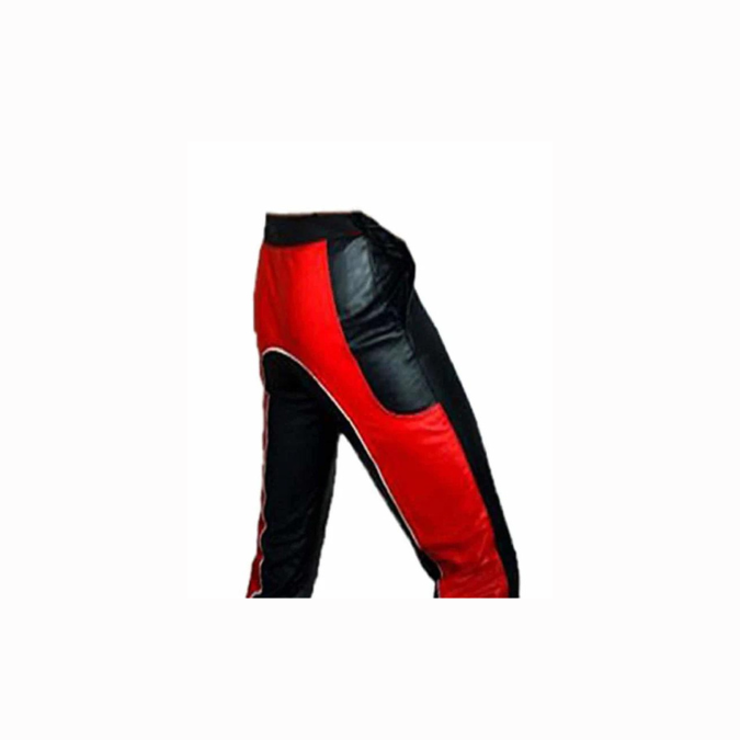 Mens Black & Red Leather Bikers Pants Jeans - JEANS4