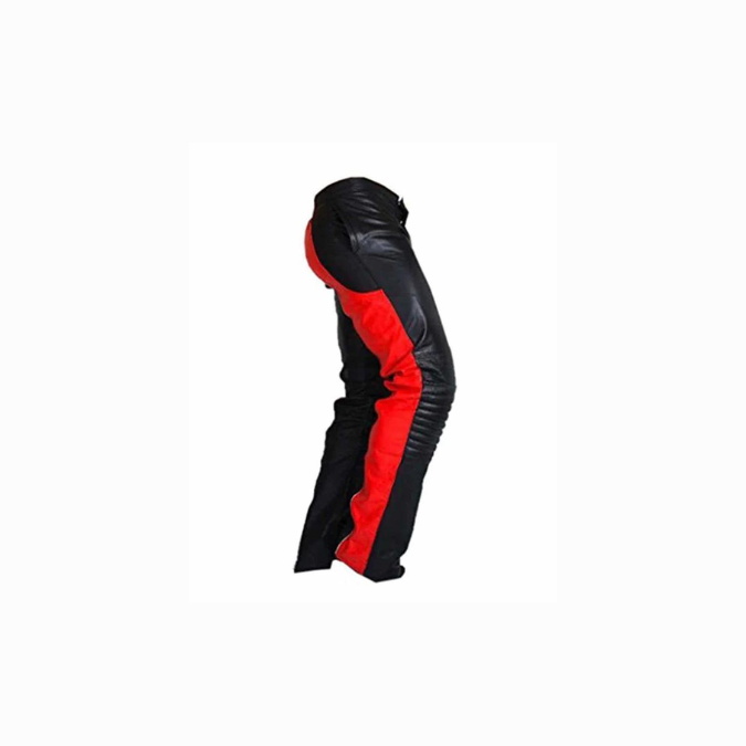 Mens Black & Red Leather Bikers Pants Jeans - JEANS4