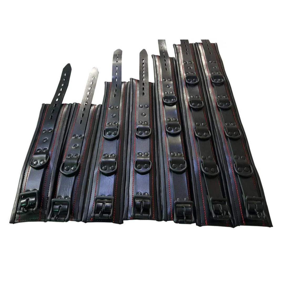 7 piezas unisex de cuero negro con hilo rojo, ataduras de bondage resistentes