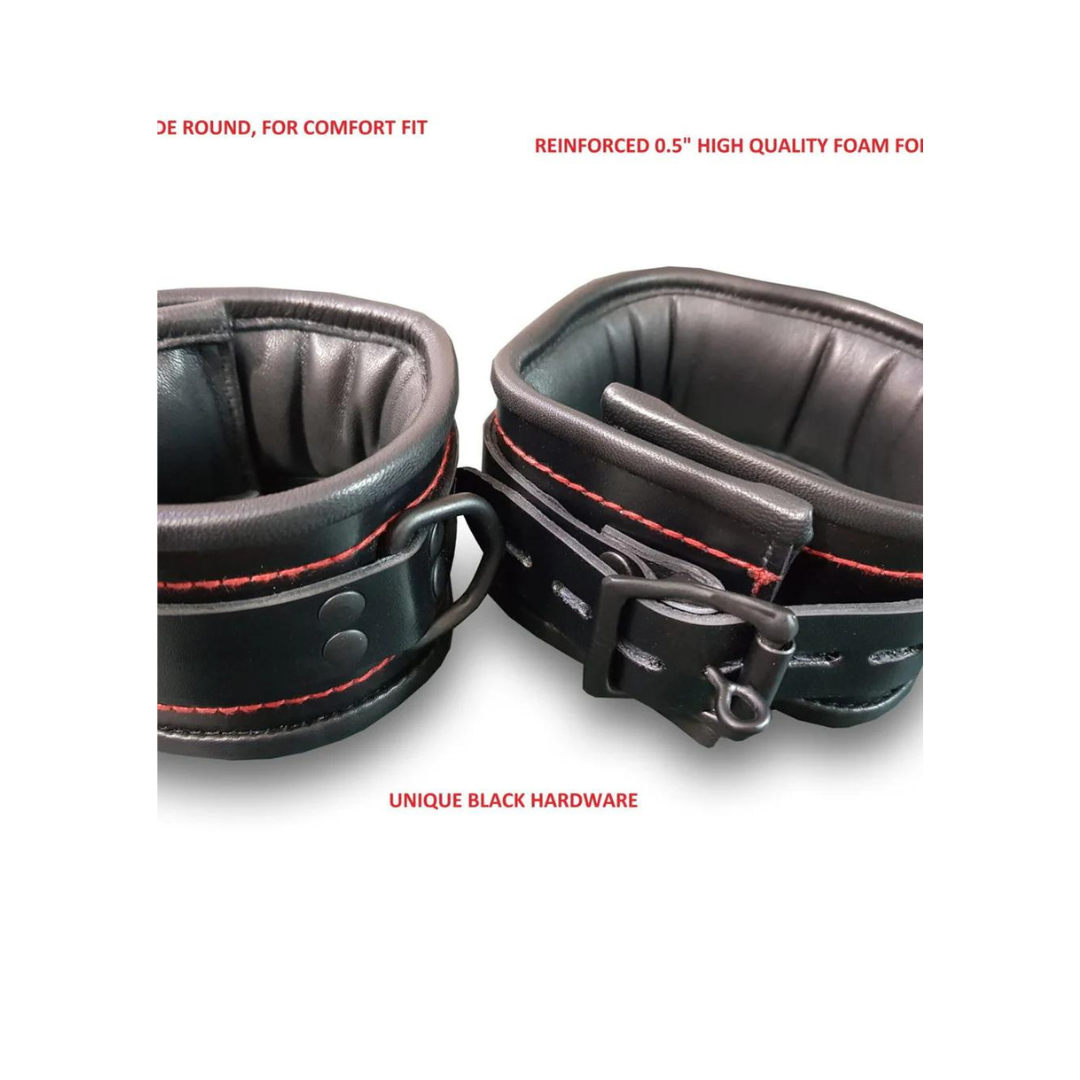 7 piezas unisex de cuero negro con hilo rojo, ataduras de bondage resistentes