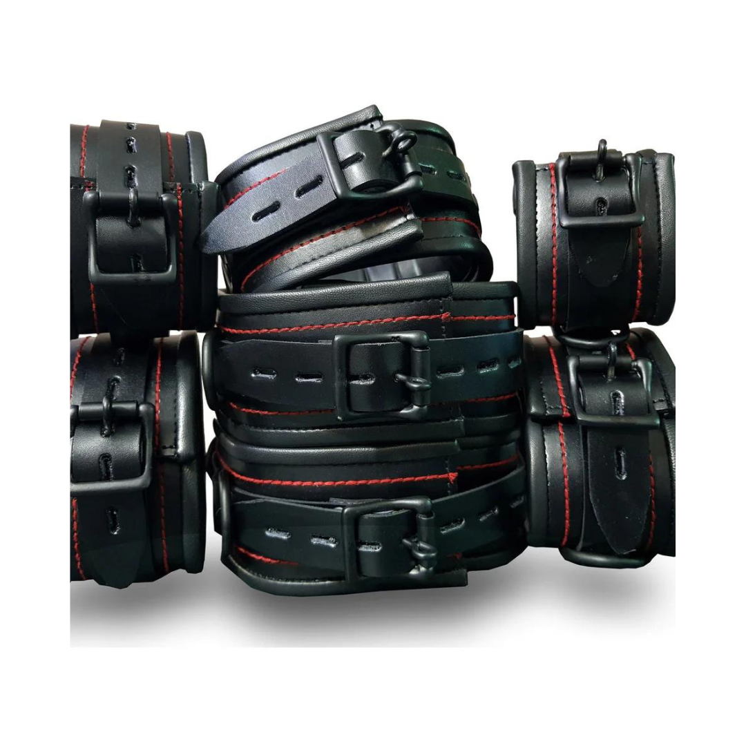 7 piezas unisex de cuero negro con hilo rojo, ataduras de bondage resistentes