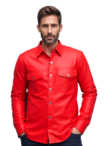 Chemise de style uniforme de police en cuir véritable rouge pour hommes - PSF-RED
