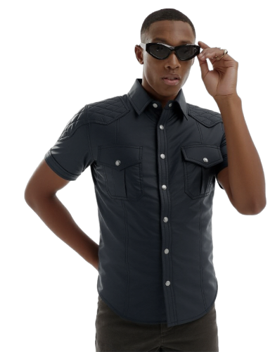 Men's Black Leather Police Uniform Style Shirt Quilted Shoulder - PSHS2