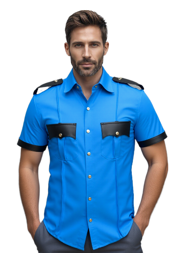 Chemise de style uniforme de police en cuir bleu et noir pour homme - PSHS-BLU-BLK