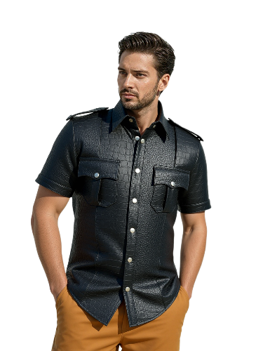 Mens Black Alligator/Crocodile Real Leather Police Uniform Style Shirt BLUF Hot - PSHS-Black