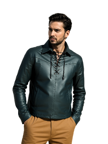Mens Real Black Leather Pullover Shirt - PULL1