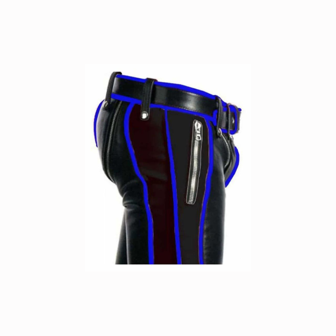 Mens Black Leather with Blue Piping Bondage Pants Jeans - R2-BP